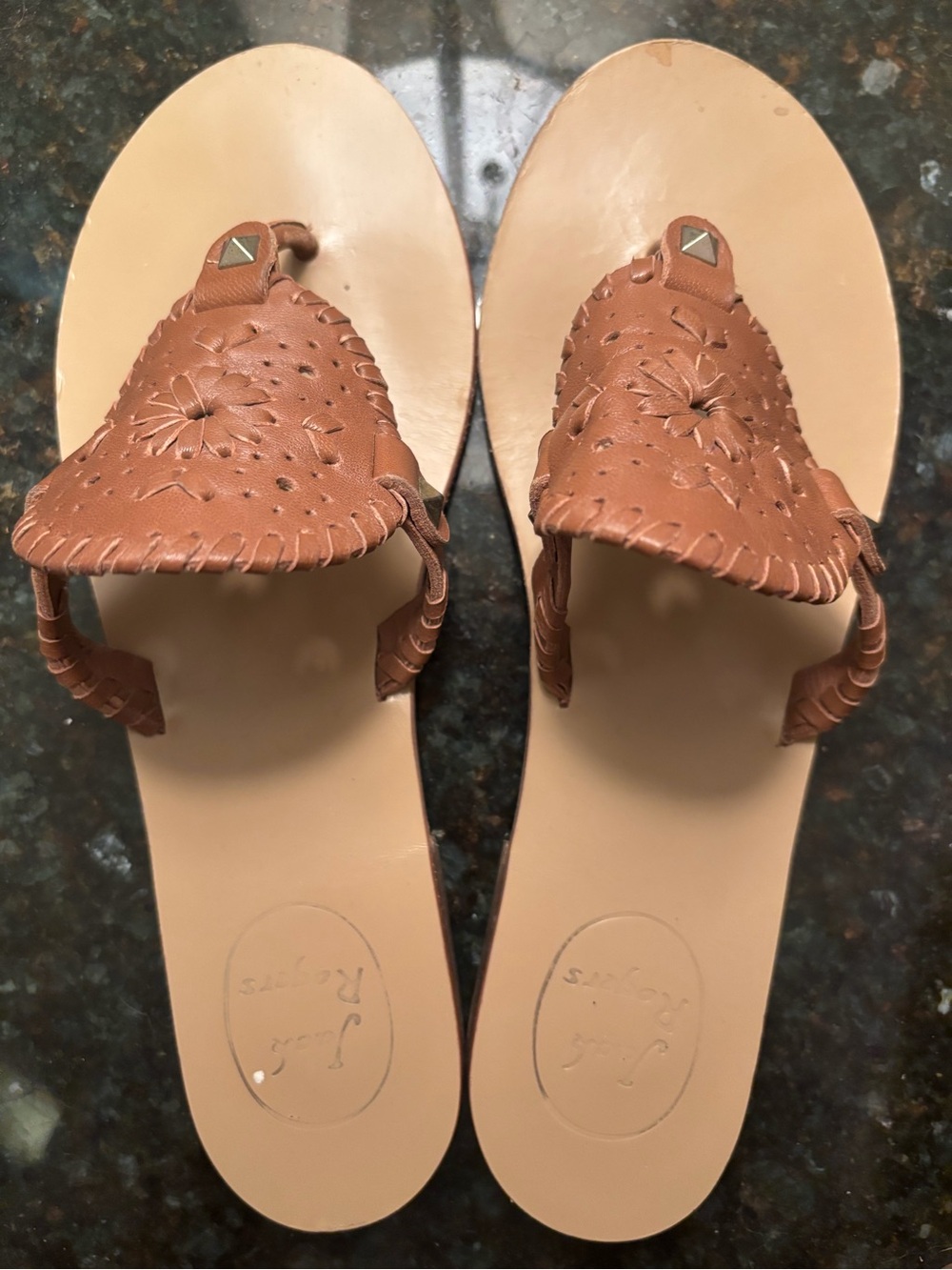 Jack Rogers Brown Leather Cutout Thong Sandals
